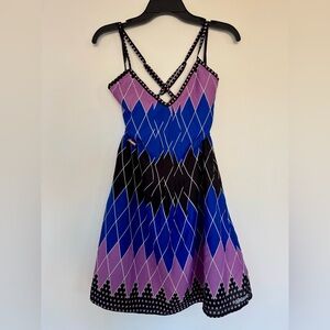 Billabong Black, Blue, and Purple Geometric Spaghetti Strap Mini Dress